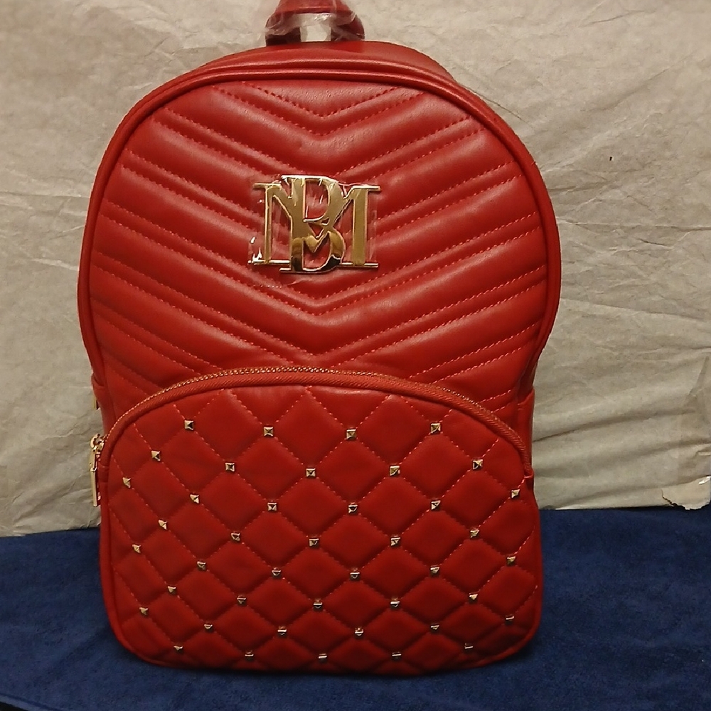 BADGLEY MISCHKA Red Quilted/GOLD STUDDED  SLING/BACKPACK  BAG NWT Vegan Leather